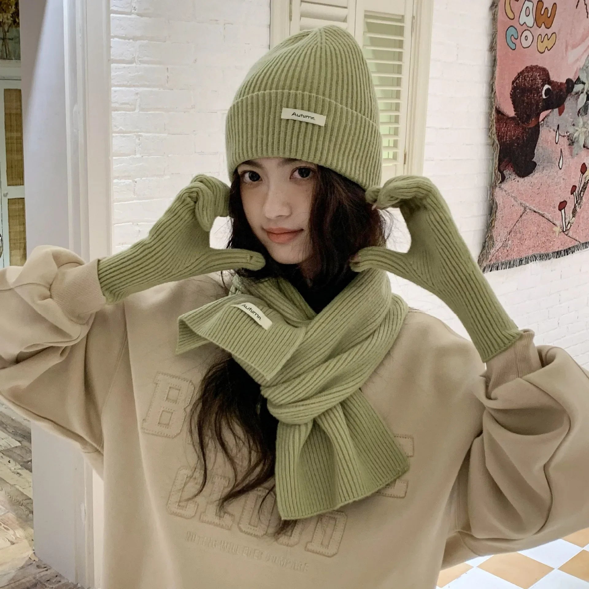 Solid Color Touch Screen Gloves Women Korean Autumn Winter Warm Knitted Three-piece Set Scarves Gloves Hat Women's Glove Sets