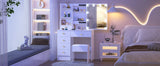 Teousev White LED Makeup Vanity Set with Sliding Mirror, 3-Color Dimmable Lights, 6 Drawers & Stool, Modern Dressing Table