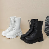 Platform Women's Ankle Boots Autumn 2023 Black White Thick Bottom Motorcycle Botas Mujer Pu Leather Non-Slip Combat Boots Women