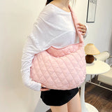 Women Large Capacity Quilted Tote Bag Winter Warm Lightweight Down Cotton Padded Plaid Shoulder Bags Underarm Bags Puffy Handbag