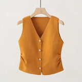 Womens Gold Button Front Vest V-Neck Ruched Waist Sleeveless Knit Jacket Casual Chic Spring Summer 2025 Trendy Outfit