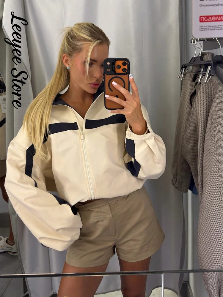 Women's Jackets Beige Black Zip Collar Crop Jacket Lapel Loose Streetwear Spring Autumn Chic Sports Outfits Short Coats 2026 New