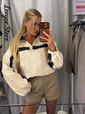 Women's Jackets Beige Black Zip Collar Crop Jacket Lapel Loose Streetwear Spring Autumn Chic Sports Outfits Short Coats 2026 New
