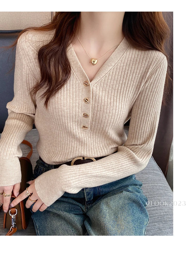 2026 Casual Slim Button Knitted Pullover Autumn Winter Women Sweaters Sweater Femme Basic Solid Jersey Tops Fashion Clothes