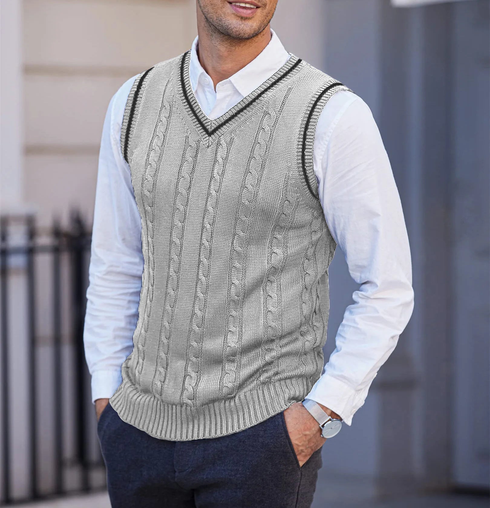 New Men's Knit V-Neck Sweater Vest Contrast Color Stripe Design Sleeveless Knitted Pullover Sweaters Men Smart Casual Waistcoats