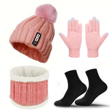 4pcs Winter Beanie Hat Gloves Scarf Caps Socks Thickened Fleece Lined Neck Cashmere Scarves Cap Set For Men Women