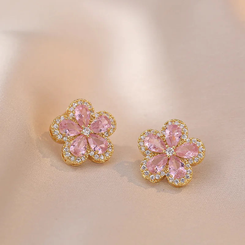 Bridal Pink Zircon Cherry Flower Stud Earrings and Pendants Stainless Steel Chains Necklaces For Women Luxury Jewelry Sets Gift