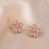 Bridal Pink Zircon Cherry Flower Stud Earrings and Pendants Stainless Steel Chains Necklaces For Women Luxury Jewelry Sets Gift