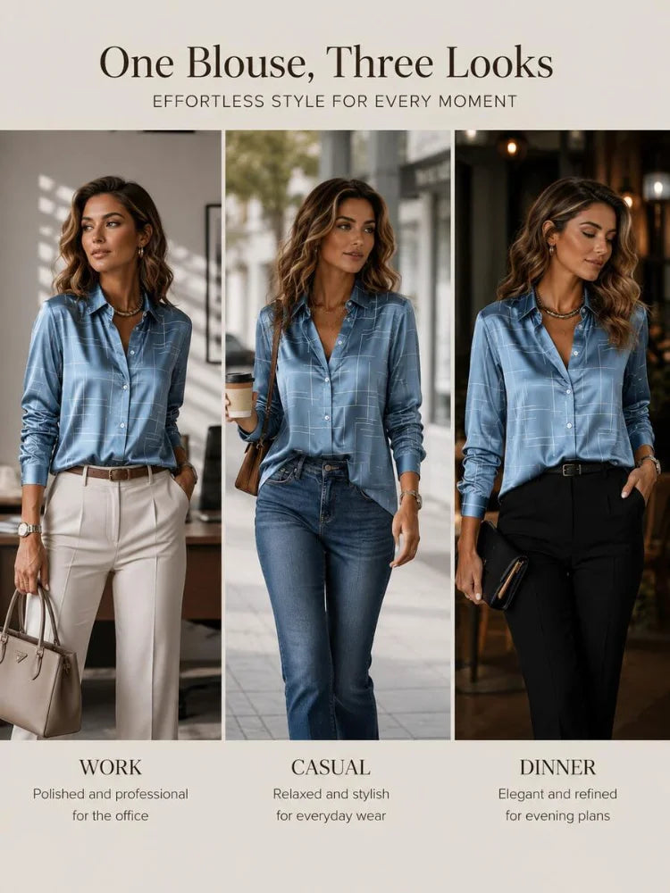 2026 New Style Fashionable Women's Printed Shirt, Autumn Blue Satin Long-Sleeved Shirt; Elegant and Loose Office Casual Top; Women's Teacher Outfit; Women's Autumn Clothing