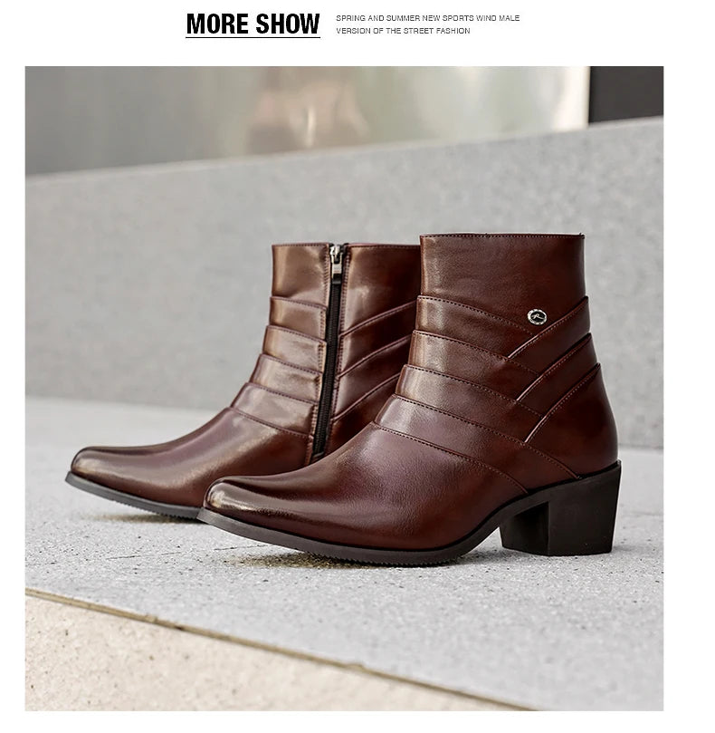 Luxury Men Boots Leather Chelsea Boots High Top Buckle Strap Formal Shoes Black British Style Ankle Boots Pointed Toe Brown Boot