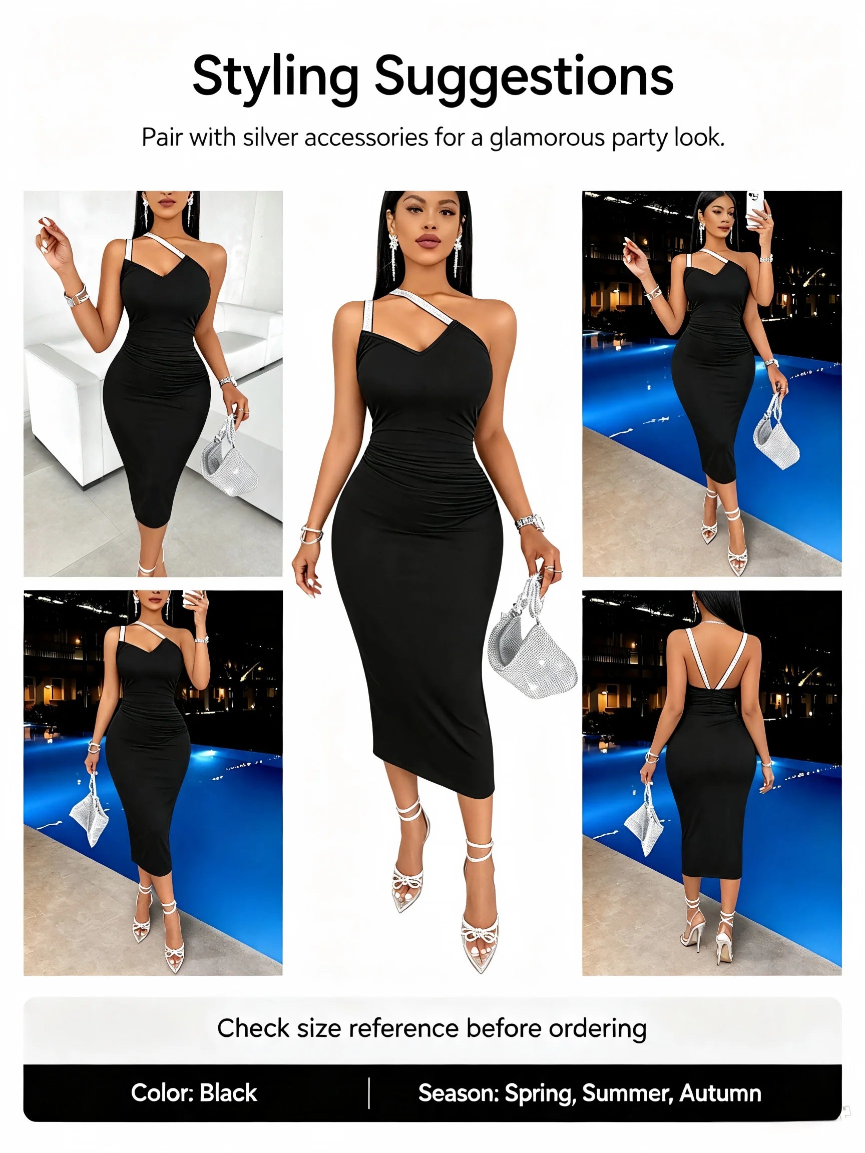 Women Sparkly Strap One Shoulder Midi Bodycon Dress Sleeveless Ruched Evening Party Dress Black Club Night Out Dresses