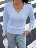 Lightweight Knit Sweaters Top For Women Daily Wear Scallop Edges V Neck Pullover Tops Autumn And Winter Long Sleeved