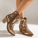 Women Pointed Toe Sequins Embroidery Western Cowboy Ankle Boots, Side Zipper Block Heel Autumn Y2K Fashion Short Heeled Booties