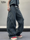 UP.THE Men Dark Raw Denim Baggy Wide Leg Jeans, Y2K Oversized Loose Curved Spliced Eyelet Denim Pants, Industrial Streetwear Trousers for Daily Outfits