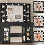 Makeup Vanity Desk with Mirror and Lights, Black Vanity with Glass Top, LED Lights & Power Outlet, 3 Drawers & 2 RGB