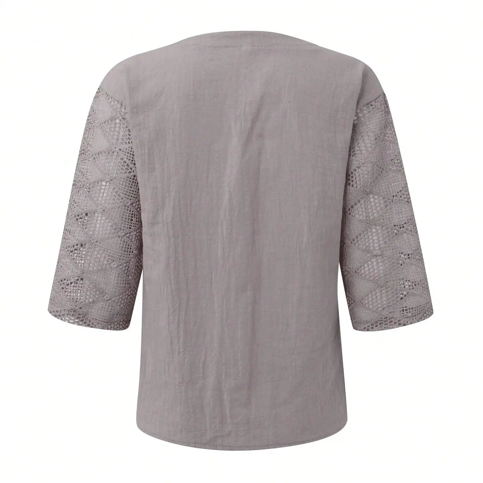 Women's Summer Cotton Shirt, Solid Color Casual Hollow U-Neck 3/4 Sleeve Lace Shirt, Women's Solid Color Lace Stitched Short-Sleeve T-Shirt, Loose Shirt, Women's Top, Short-Sleeve Loose Fit