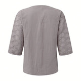 Women's Summer Cotton Shirt, Solid Color Casual Hollow U-Neck 3/4 Sleeve Lace Shirt, Women's Solid Color Lace Stitched Short-Sleeve T-Shirt, Loose Shirt, Women's Top, Short-Sleeve Loose Fit