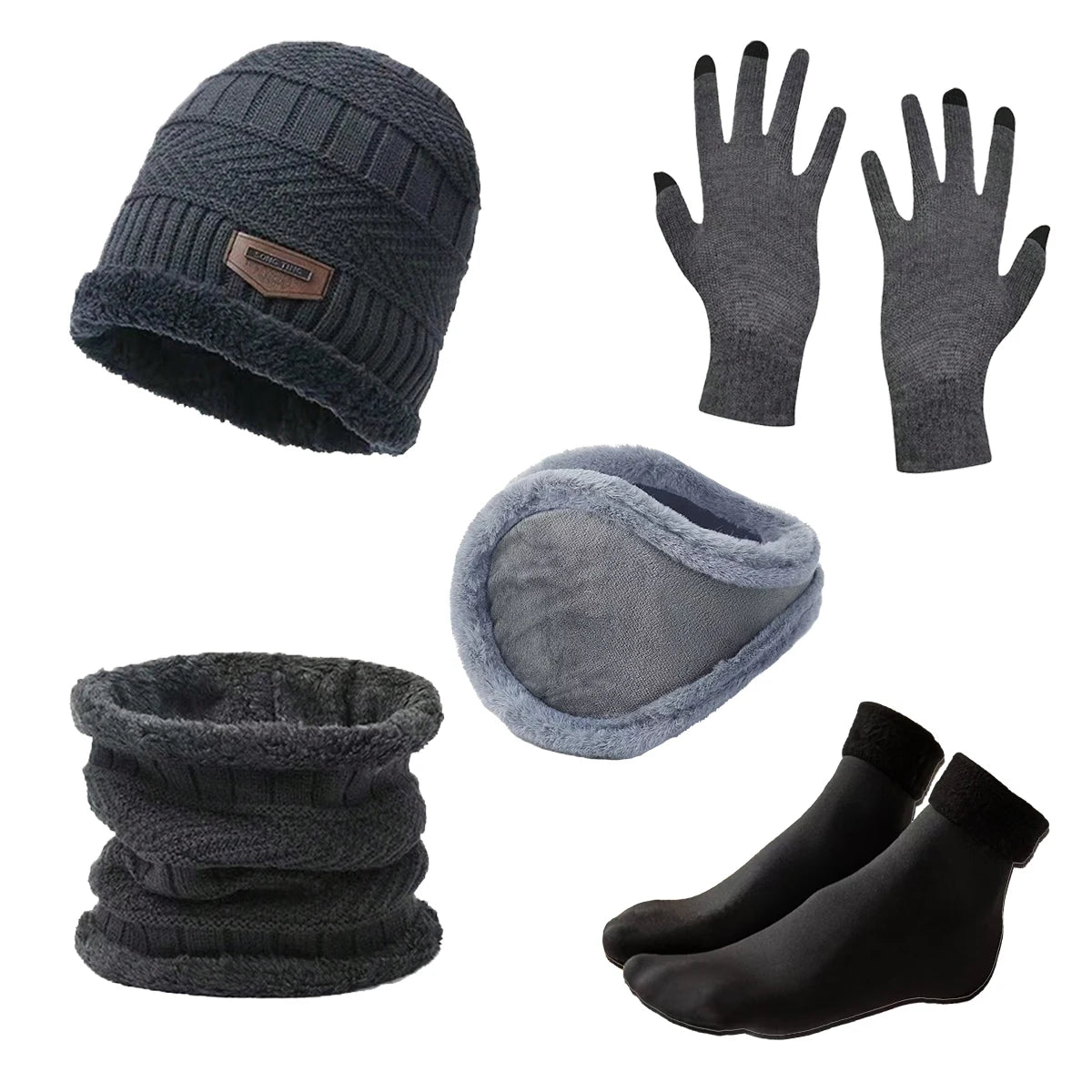 Winter Warm Hat Set Men's and Ear Protectors with Knitted Hats Gloves Neck Hoods Anti Slip Socks Five Piece Set