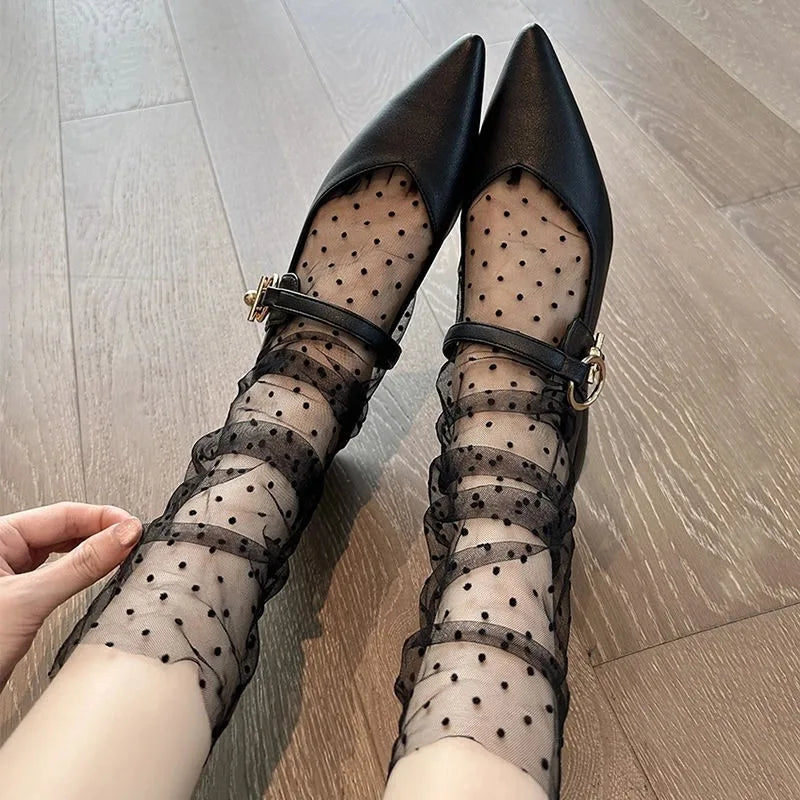 Sexy Transparent Polka Dot Lace Socks Women Thin Nylon Silk Sheer Stacked Socks French Style Elegant Femme JK Lolita White Socks