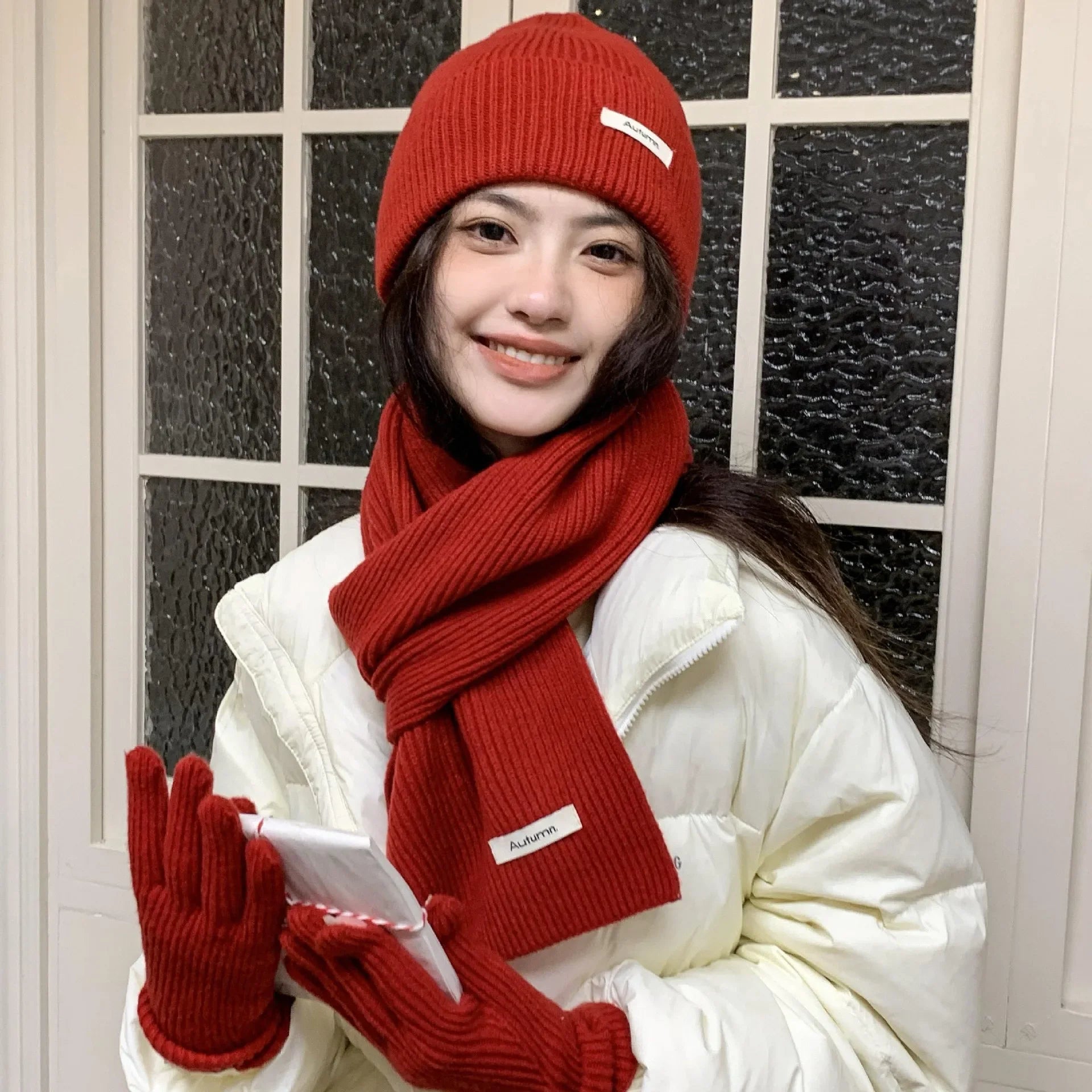 Solid Color Touch Screen Gloves Women Korean Autumn Winter Warm Knitted Three-piece Set Scarves Gloves Hat Women's Glove Sets