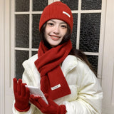 Solid Color Touch Screen Gloves Women Korean Autumn Winter Warm Knitted Three-piece Set Scarves Gloves Hat Women's Glove Sets