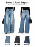 Women High Waist Wide Leg Jeans, Side Cutout Eyelet Rivet Denim Pants Loose Fit Hollow Out Flared Trousers Streetwear Fashion Baggy Jeans with Pockets