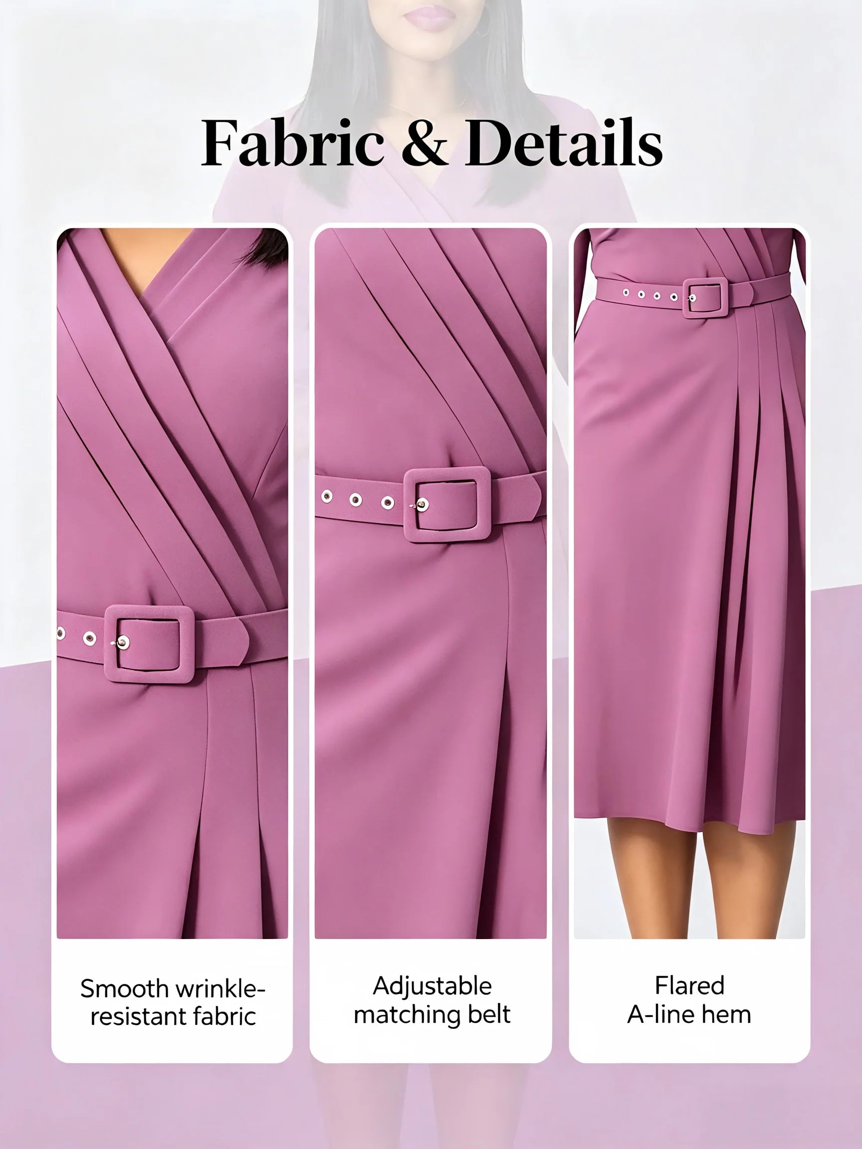 Women Elegant Office Midi Dress Plus Size V‑Neck 3/4 Sleeve Belted A‑Line Dress Formal Work Business Party Dresses