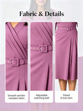 Women Elegant Office Midi Dress Plus Size V‑Neck 3/4 Sleeve Belted A‑Line Dress Formal Work Business Party Dresses