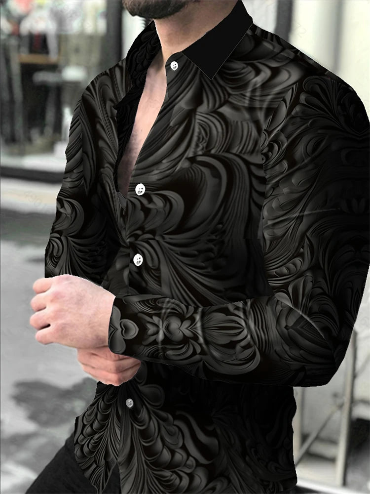 2025 Spring Men's Shirts Fashion Retro Street Texture Printed Shirts Men's Long-sleeved Lapel Shirt Shirt Top Office Clothing