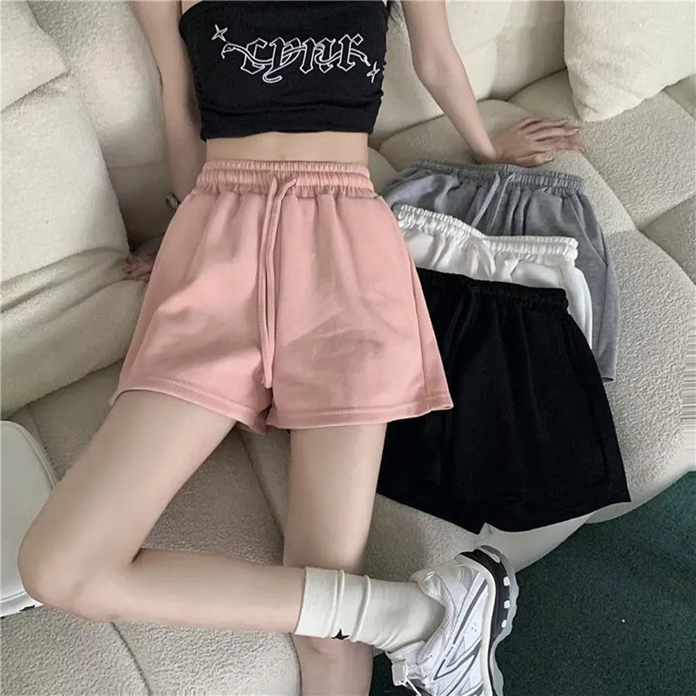 Womens Casual Shorts Korean Style Basic Summer Loose High Waist Drawstring Lounge Shorts Wide Leg Sports Shorts Home Sleepwear