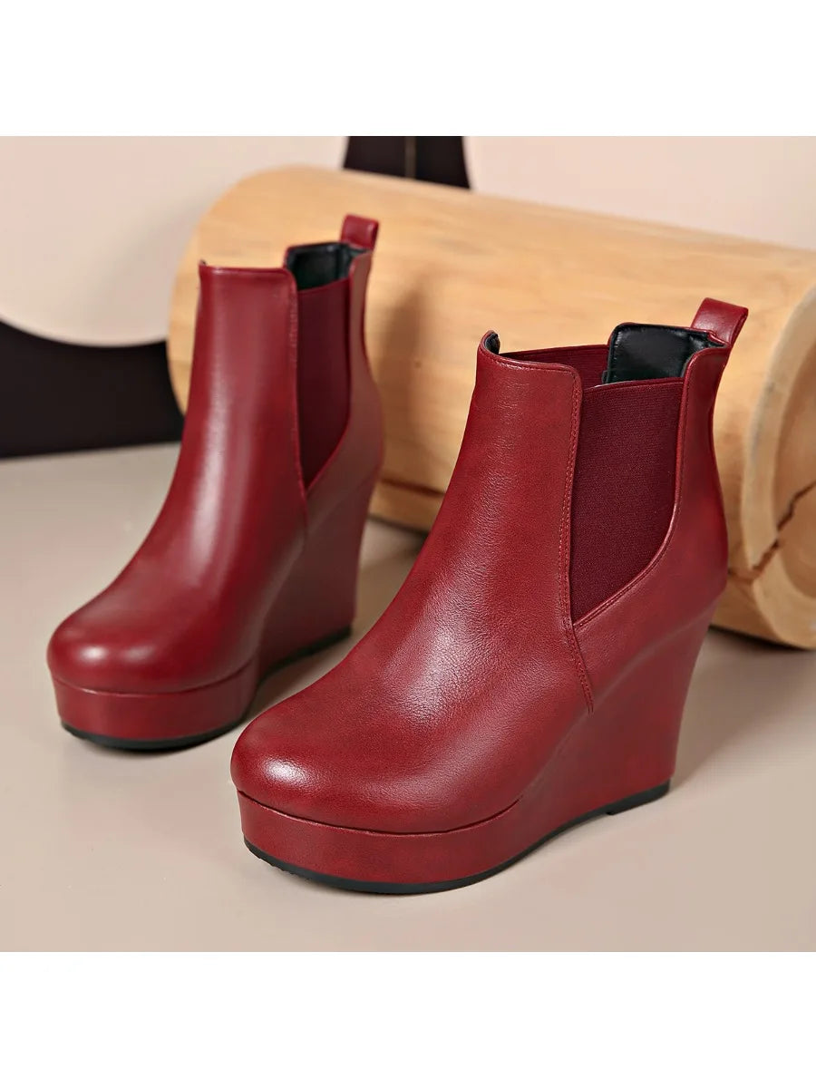 Women Platform Wedge Heel Chelsea Ankle Boots, Elastic Side Slip‑On Faux Leather Solid Color Spring Autumn Casual Short Booties
