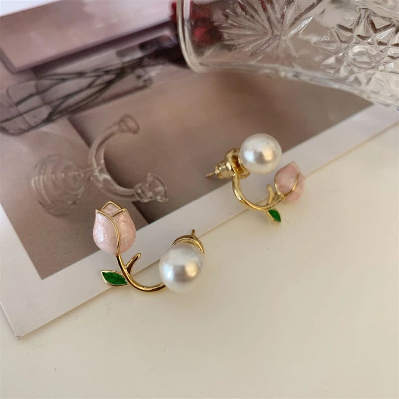 new pattern red tulip flower earrings for women jewelry 2024 trending luxury back hanging Purple women's stud earrings new