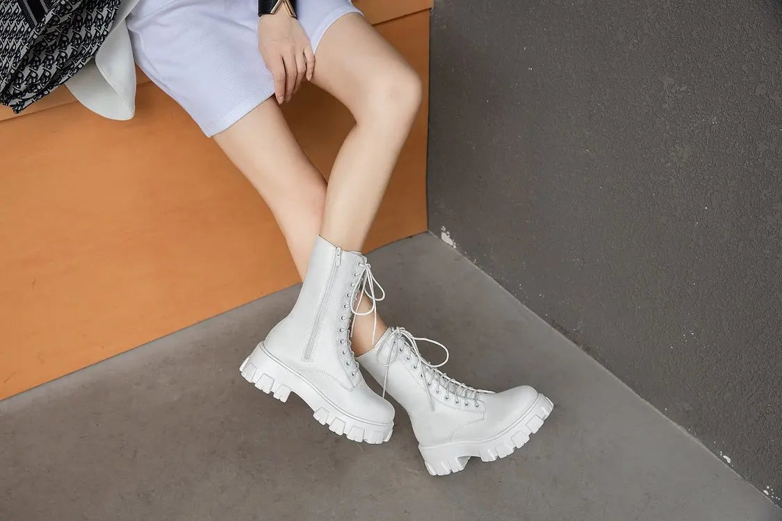 Platform Women's Ankle Boots Autumn 2023 Black White Thick Bottom Motorcycle Botas Mujer Pu Leather Non-Slip Combat Boots Women