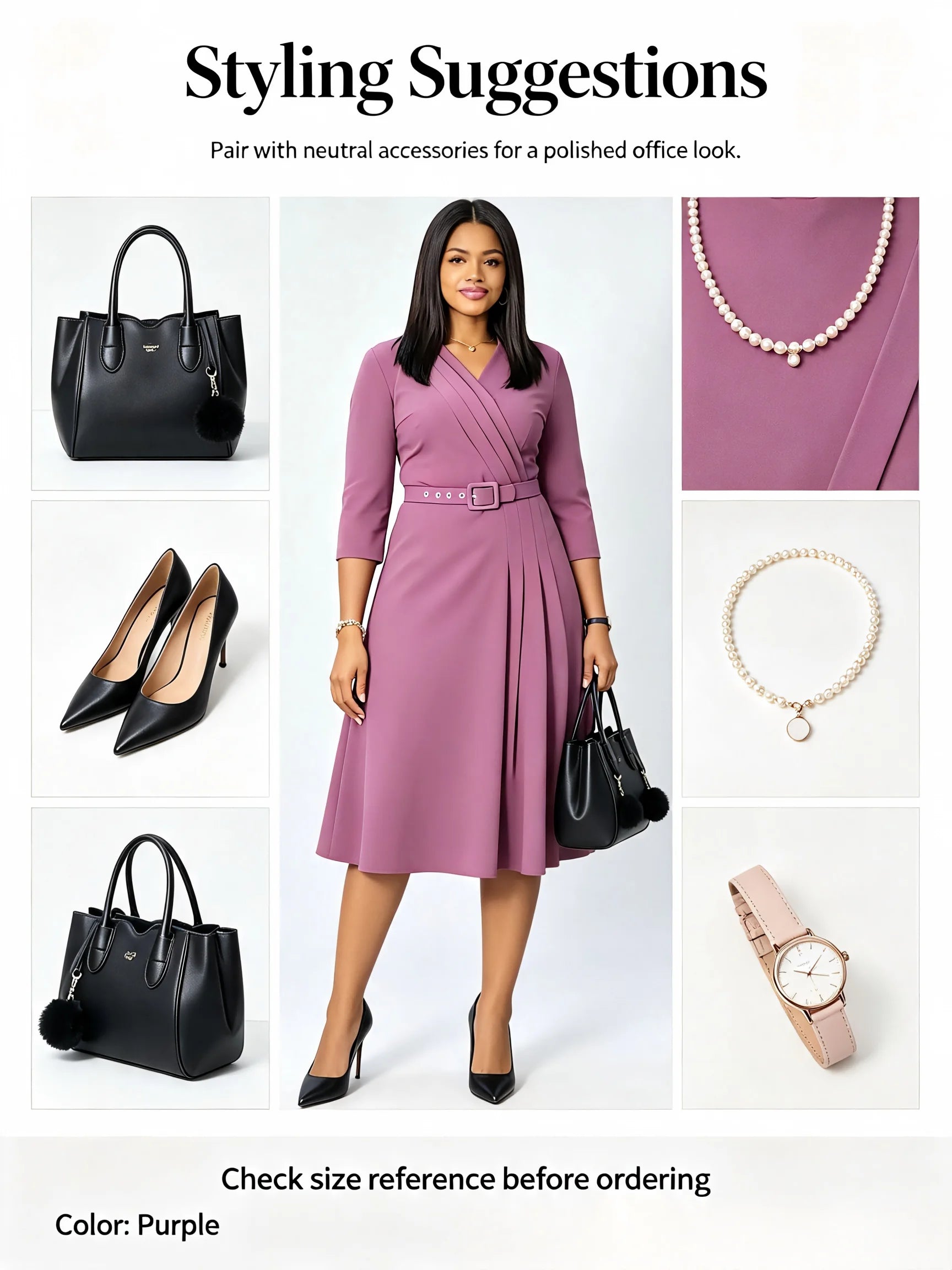 Women Elegant Office Midi Dress Plus Size V‑Neck 3/4 Sleeve Belted A‑Line Dress Formal Work Business Party Dresses