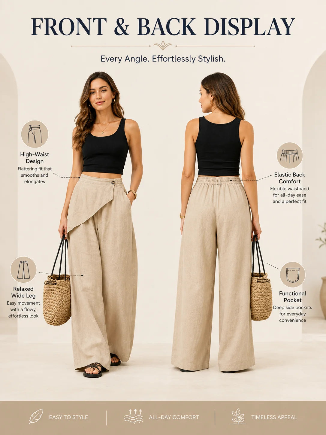 Women Wrap Front Linen Wide Leg Pants, High Waist Elastic Back Waist Culottes with Pockets, Casual Loose Fit Trousers for Summer Beach Daily Streetwear