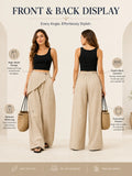 Women Wrap Front Linen Wide Leg Pants, High Waist Elastic Back Waist Culottes with Pockets, Casual Loose Fit Trousers for Summer Beach Daily Streetwear