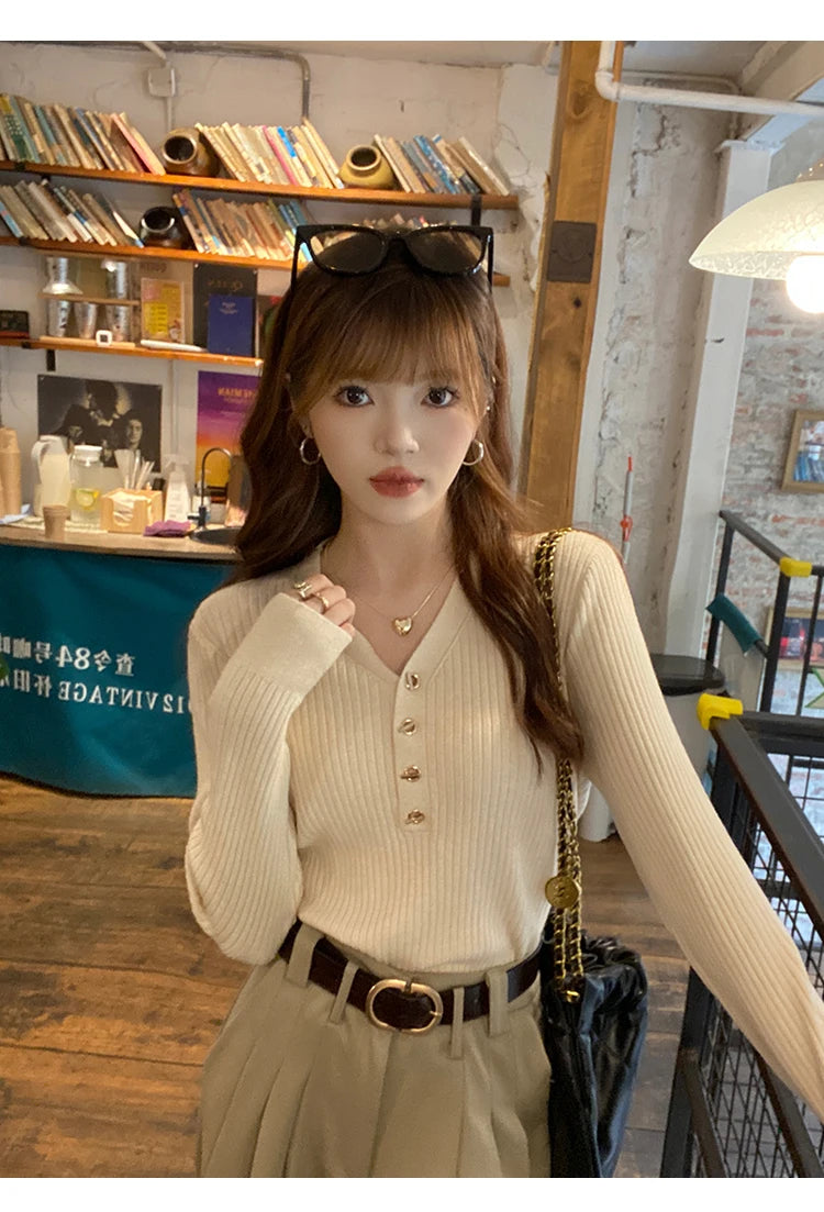 2026 Casual Slim Button Knitted Pullover Autumn Winter Women Sweaters Sweater Femme Basic Solid Jersey Tops Fashion Clothes