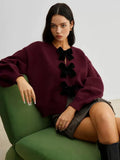 Autumn Winter Sweet Cute Coquette Women Wine Red Sweaters Cardigan Loose Lantern Sleeve Bow Knitted Fashion Female Outerwears