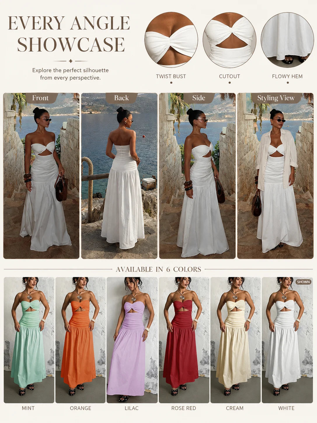 Women Strapless Twist Cutout Maxi Dress Ruched Waist Flowy A Line Long Tube Top Dress Summer Beach Vacation Casual Sundress