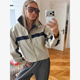 Women's Jackets Beige Black Zip Collar Crop Jacket Lapel Loose Streetwear Spring Autumn Chic Sports Outfits Short Coats 2026 New