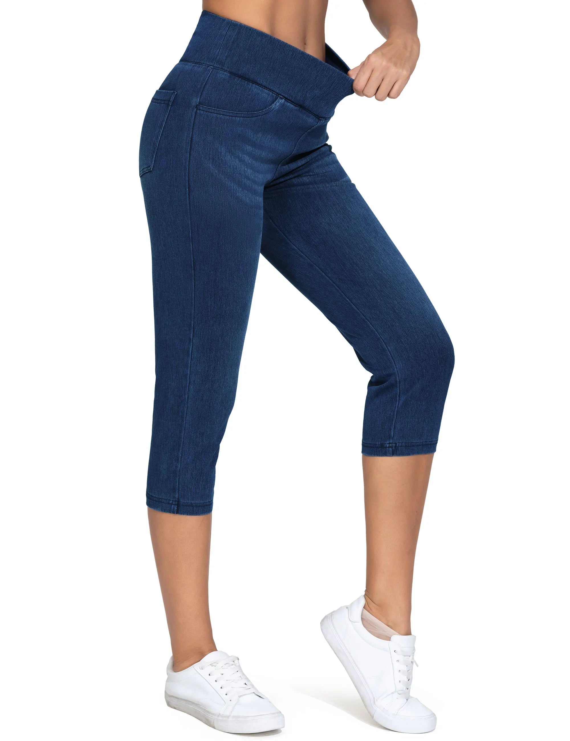 THE GYM PEOPLE Women's Cross Waisted Stretchy Capri Denim Jeggings Tummy Control Skinny Jean Leggings with Pockets