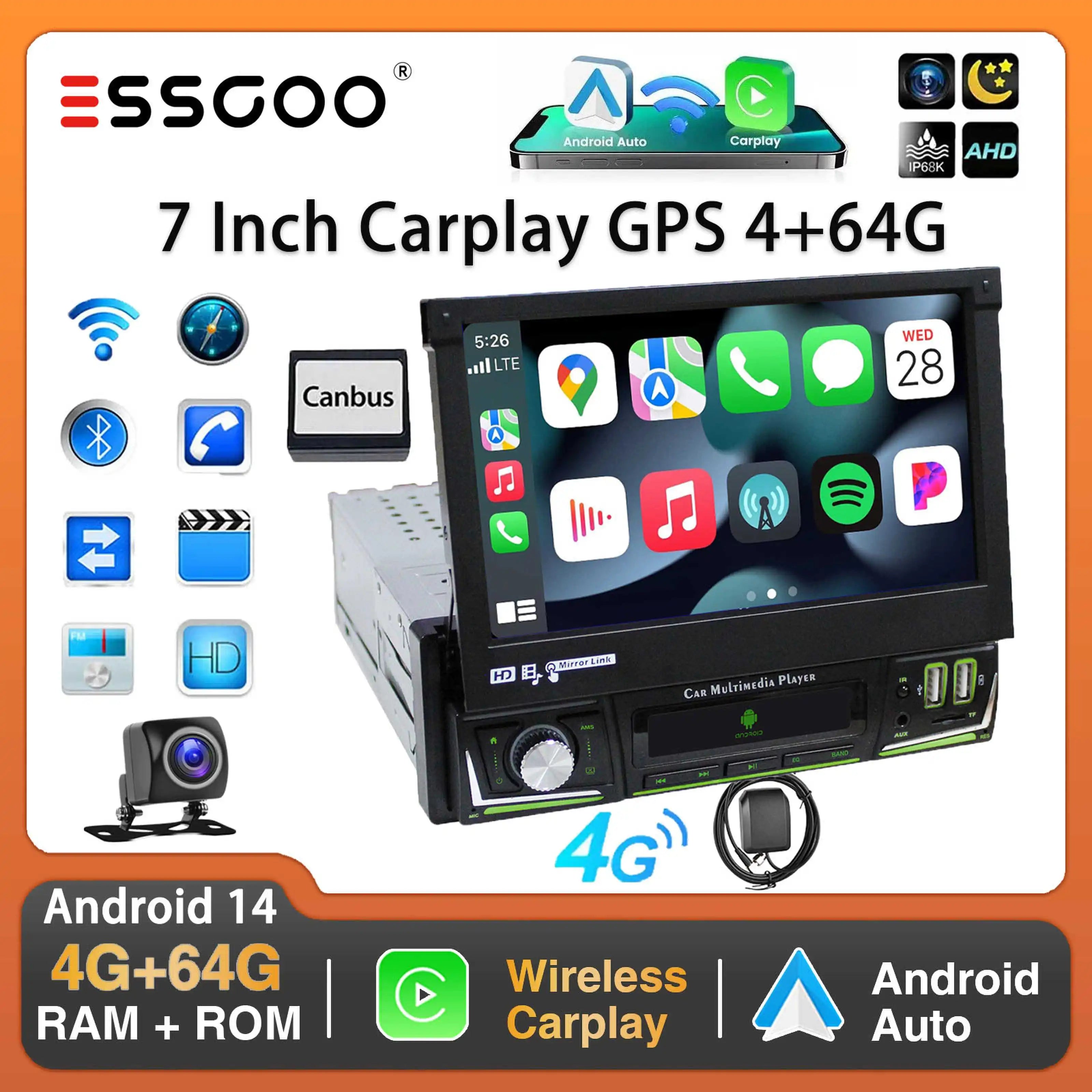 7Inch Single DIN 64G Flip Out Car Stereo Radio Carplay Android Auto Radio Bluetooth Touch Screen MP5 Player Head Unit GPS