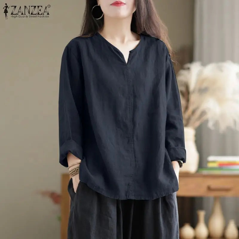 Vintage Women Blouse Autumn Long Sleeve Shirt Female V Neck Work Holiday Blusas ZANZEA Casual Solid Loose Shirt Cotton Chemise