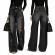Women High Waist Wide Leg Jeans, Side Cutout Eyelet Rivet Denim Pants Loose Fit Hollow Out Flared Trousers Streetwear Fashion Baggy Jeans with Pockets