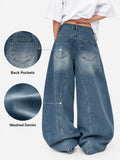Women's Asymmetric Button Front Baggy Jeans, High Waist Vintage Washed Wide Leg Denim Pants Y2K Streetwear Loose Barrel Jeans for Daily Wear