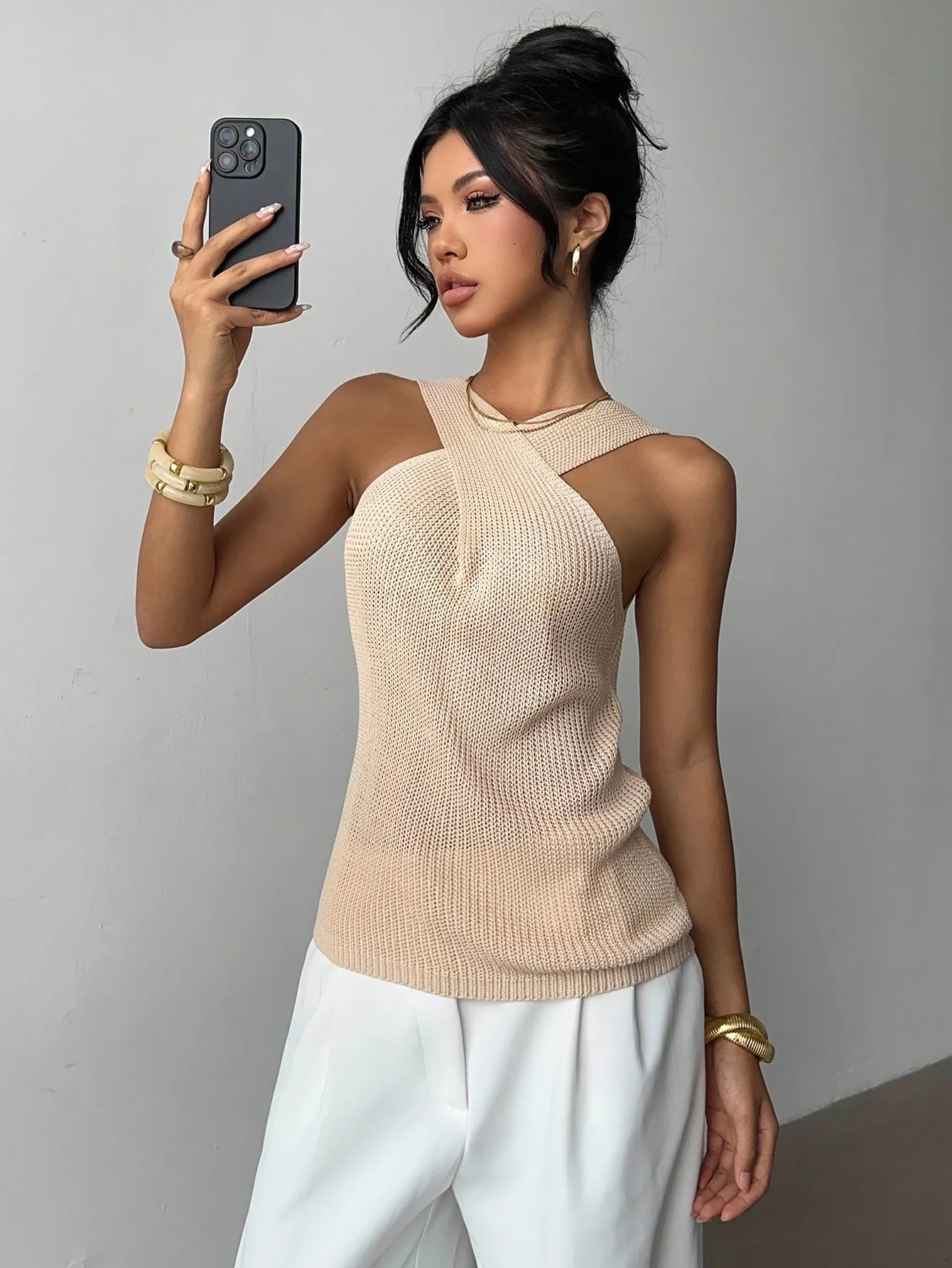 Women Crisscross Halter Knit Tank Top Hollow Out Sleeveless Slim Camisole Summer Elegant Casual Vest