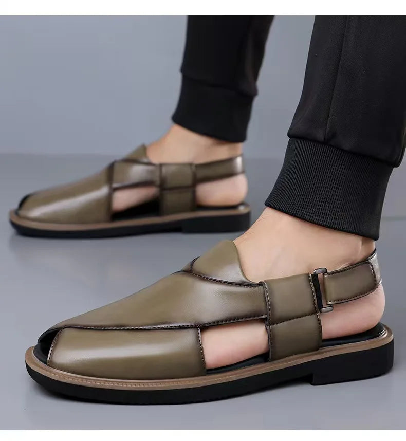 PU Leather Men's Sandals Handmade Stitching Beach Shoes Non Slip Hollow Out Shoes Outdoor Casual Sandaly All-match Man Sandalias