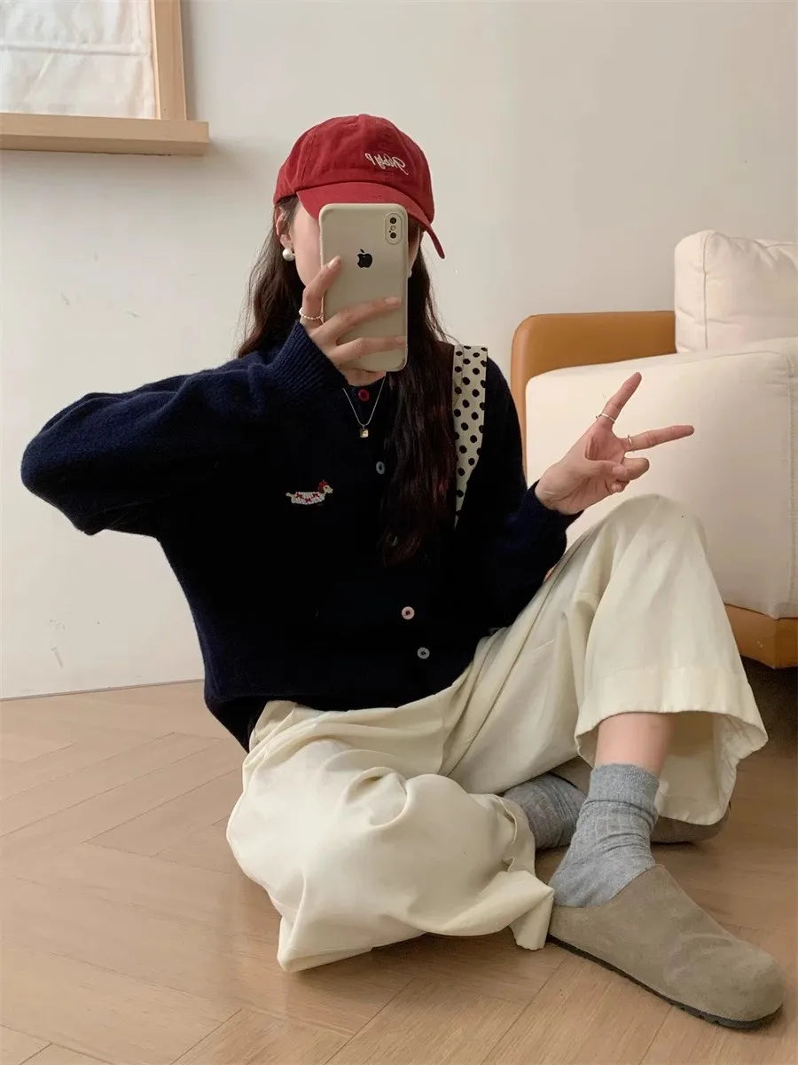 Autumn Winter 2026 Soft Elegant O-neck Loose Casual Sweaters Women Knitted Chic Embroidery Cardigan Basic Colorful Buttons Tops