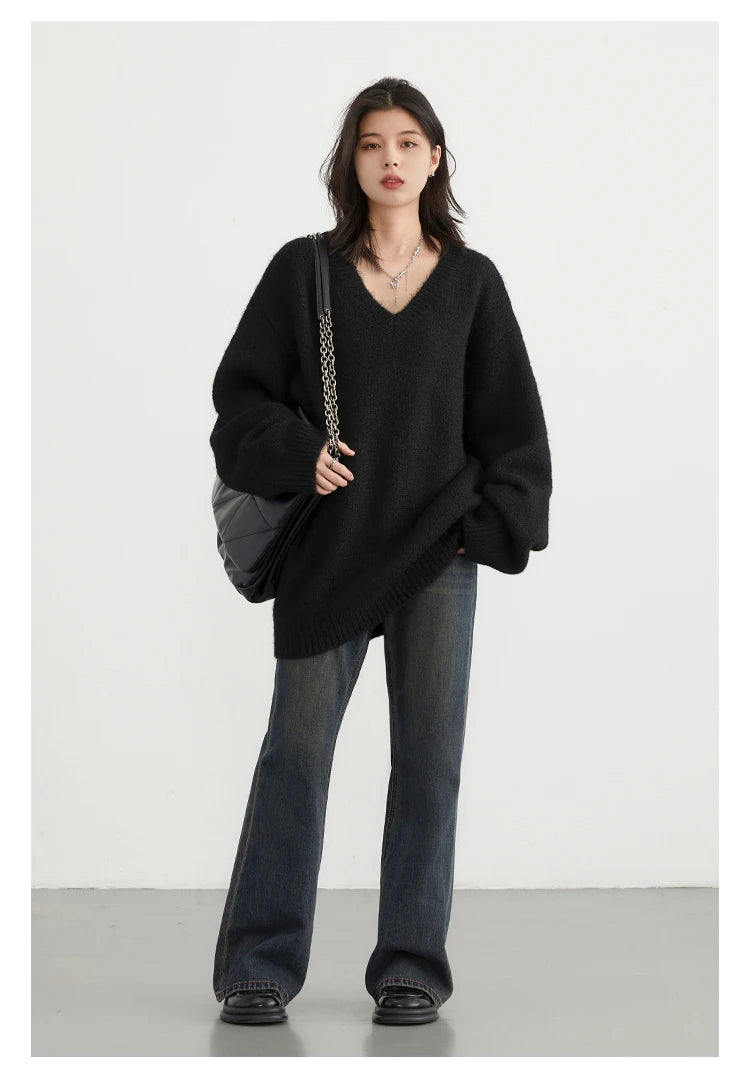 CHIC VEN Women Sweaters Solid Loose Pullovers New V-neck Knitwear Knitted Jumpers Female Top Fashion Woman Autumn Winter 2024