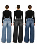 Women High Waist Wide Leg Jeans, Side Cutout Eyelet Rivet Denim Pants Loose Fit Hollow Out Flared Trousers Streetwear Fashion Baggy Jeans with Pockets